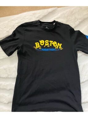 adidas Black Boston Marathon Graphic Tee with Yellow & Blue Print